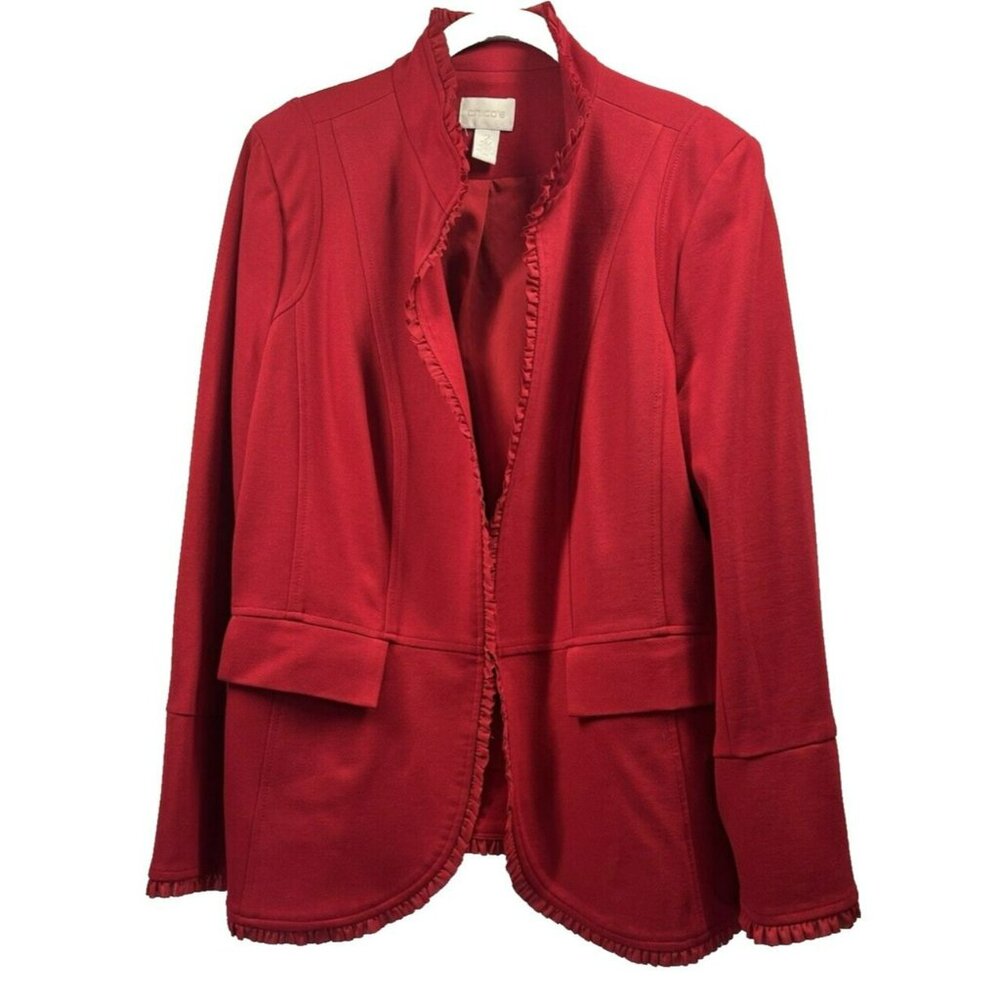 Chico's‎ Blazer Jacket Large Solid Red Ruffle Trim Long Sleeve Stretch Hook Eye